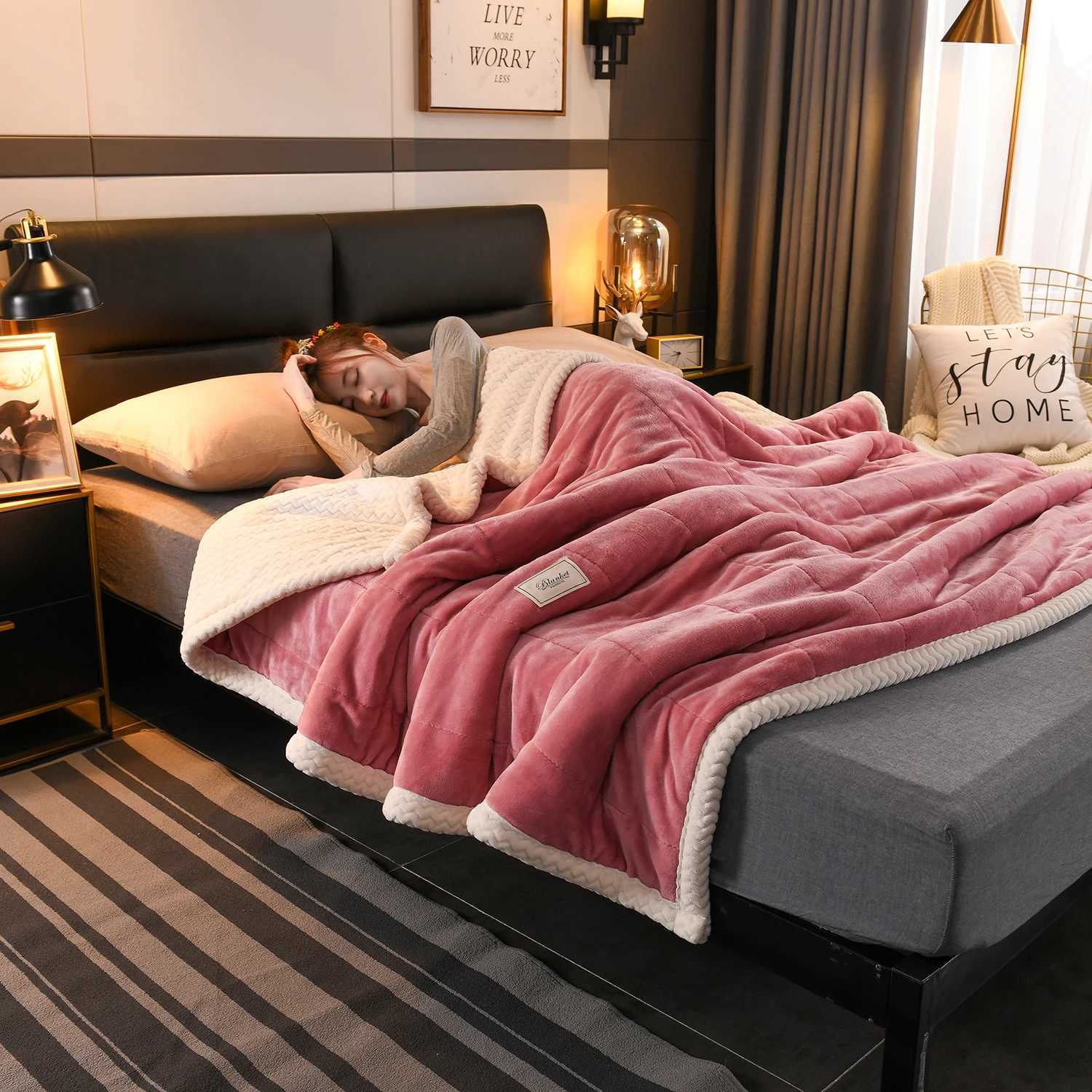 New three-layer padded composite fleece blanket 120/150/180/200cm 1PC air-conditioned room bedroom can be machine washed H251216-image-1088601389