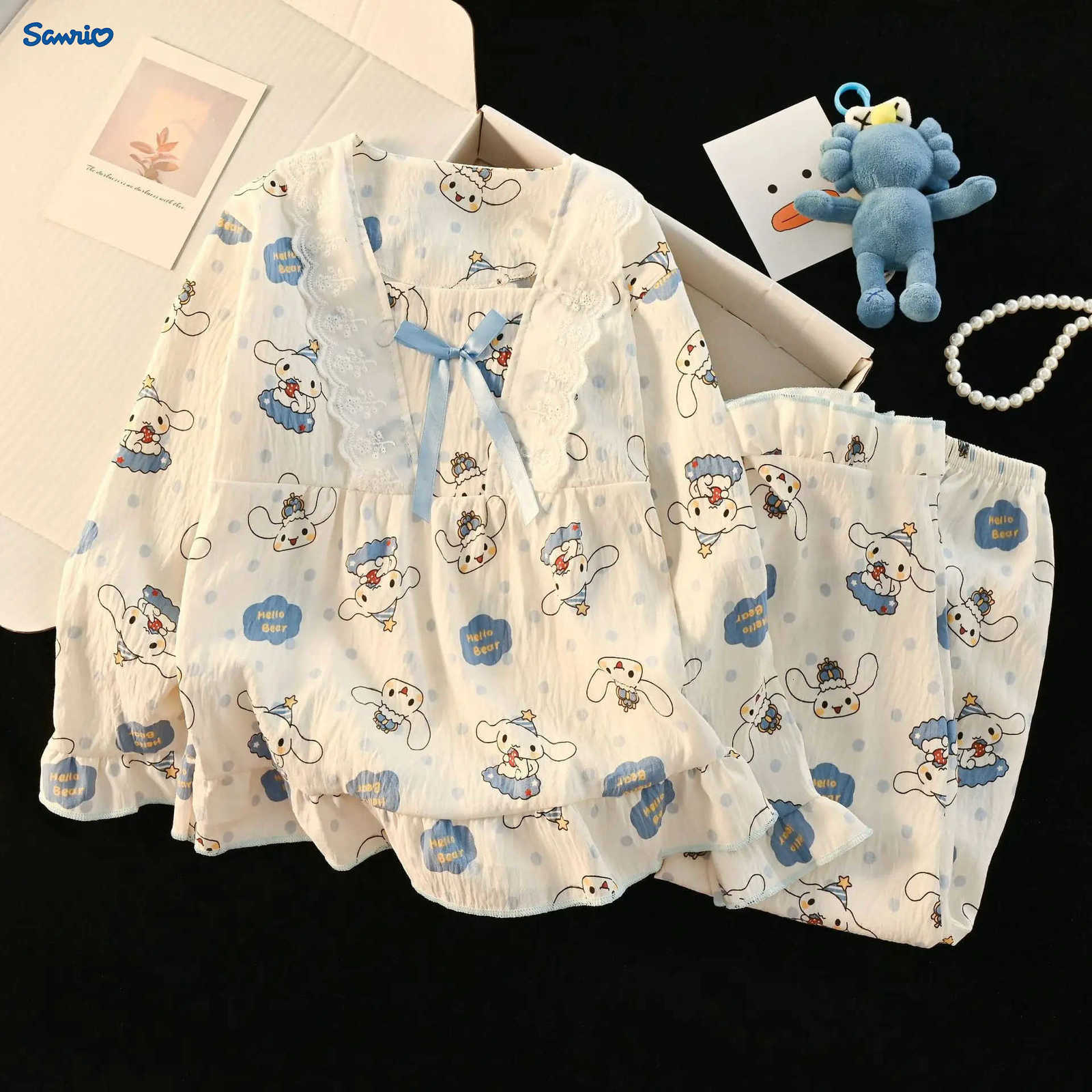 Sanrio Autumn New Cinnamoroll Hello Kitty Girls Pajamas Set Anime Kawaii Princess Floral Collar Top Pants Parent-Child Homewear H251216-image-1088712557