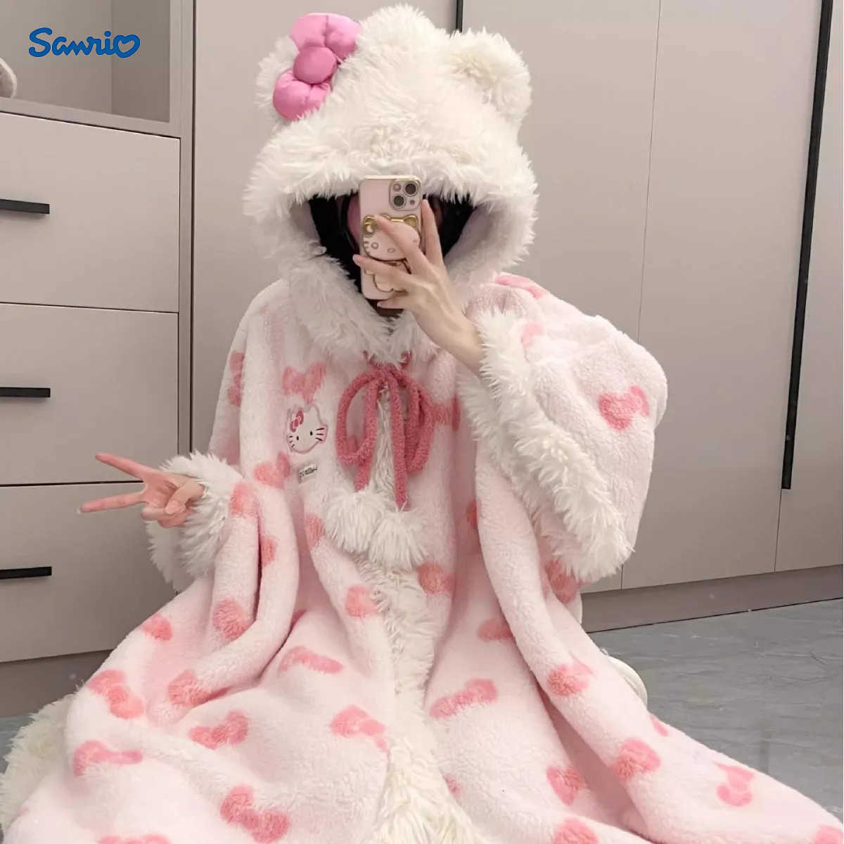 Sanrio Miniso Kawaii Hellokitty Plush Robes Girls Cute Anime Y2K Pajamas Hooded Blanket Casual Fleece Sleepwear Women Clothing H251216-image-1088666107