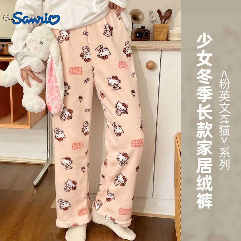 Sanrio Anime Autumn Winter Male Hellos Kittys Flannel Pajamas Pants Y2k Cartoon Casual Warm Cute Printed Men Women Home Gift Trousers H251216-image-1088665036
