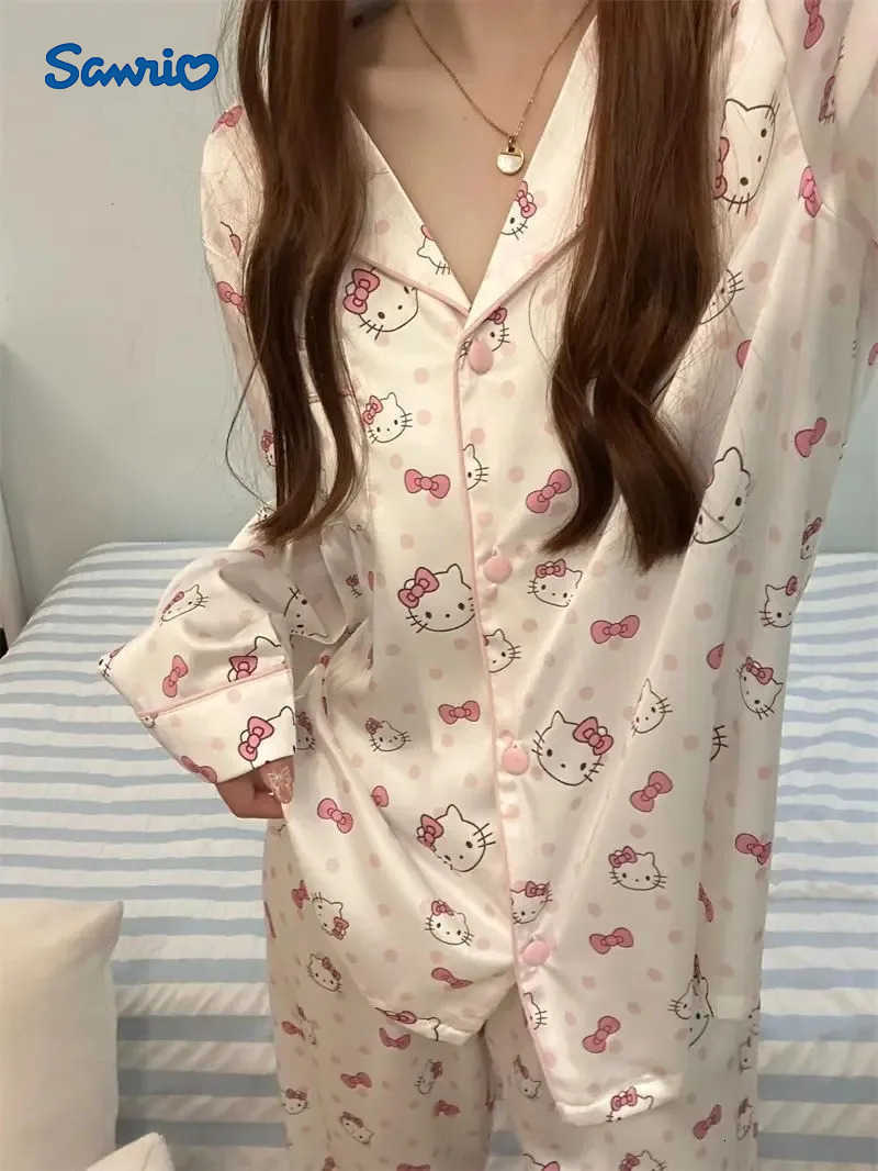 Sanrio Kawaii Anime Hello Kitty Women Pajamas Stripe Girl Print Pajamas Spring Cartoon Sweet Casual Long Sleeved Shirt Homewear H251216-image-1088665099