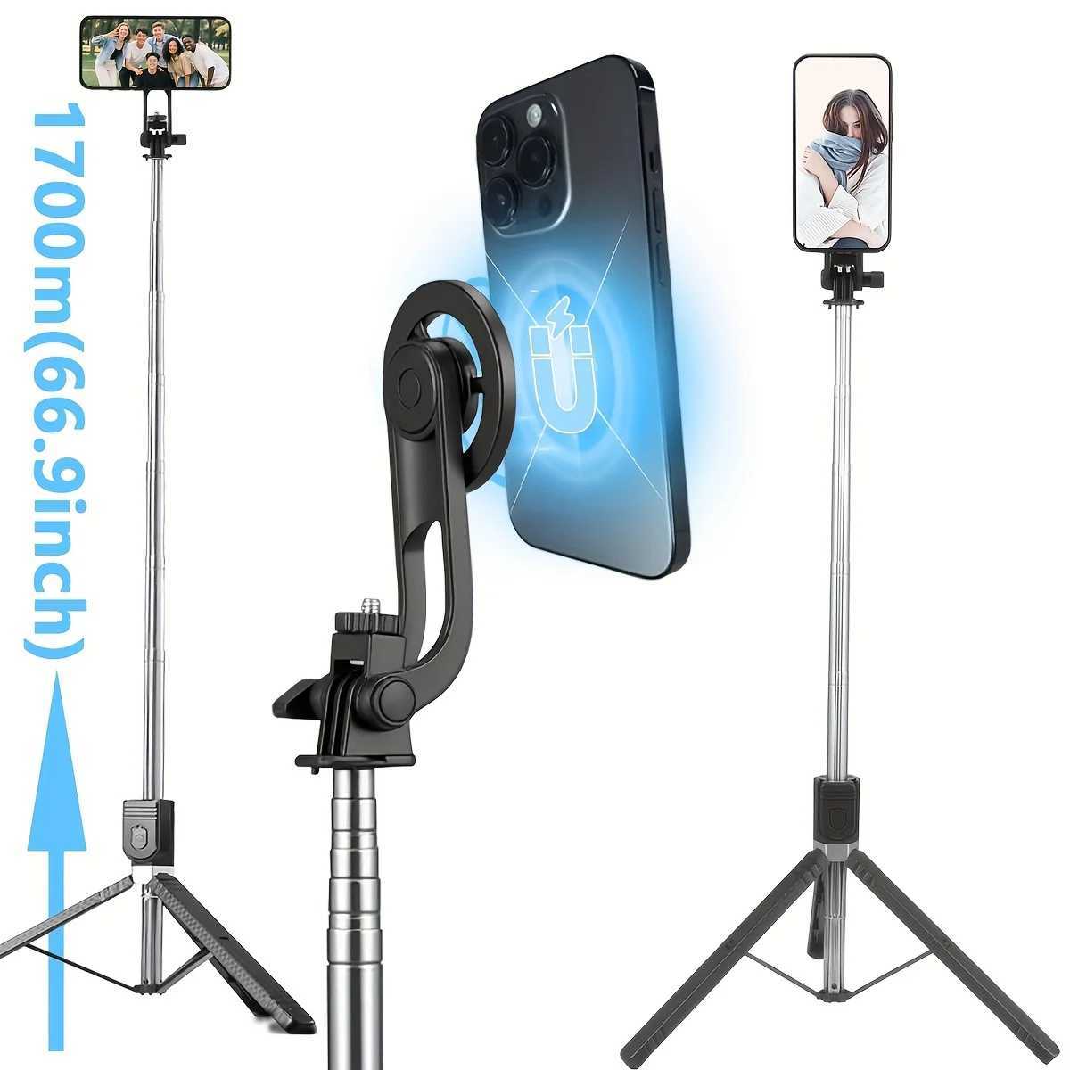 Magnetic Quick-ReleaseSelfie Stick Tripod with Wireless Remote Includes Universal Metal Plate for All Phones 170cm Travel st G251216-image-1088572295