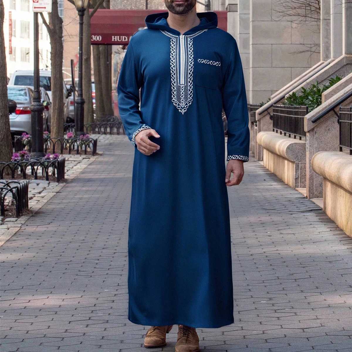 Hooded Moroccan robe Luxury mens embroidered sleeve long pocket Muslim garment Abaya Middle East Juba Thobe robe W251216-image-1088622719