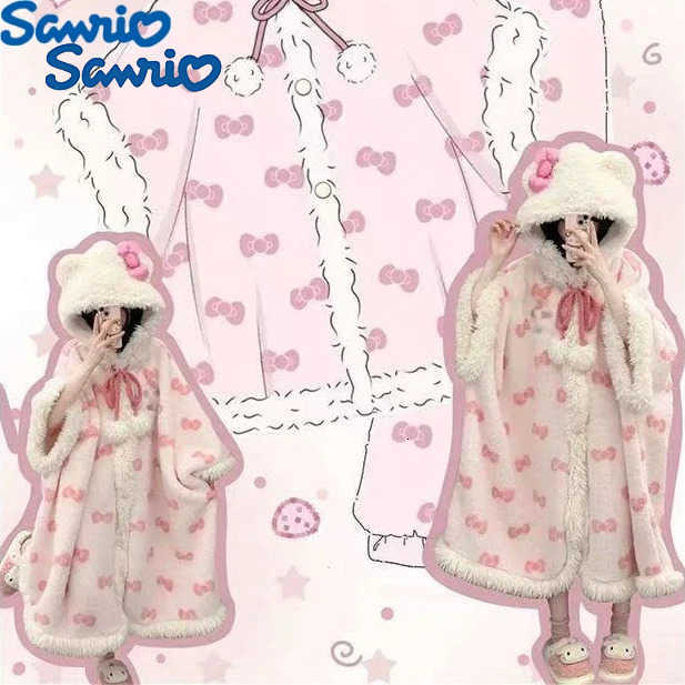 Sanrio Hello Kitty Cartoon Cute Girl Soft Girl Bow Coral Velvet Hoodie Sleeping Robe 2026 New Edition With Velvet Warm Cloak H251216-image-1088666051