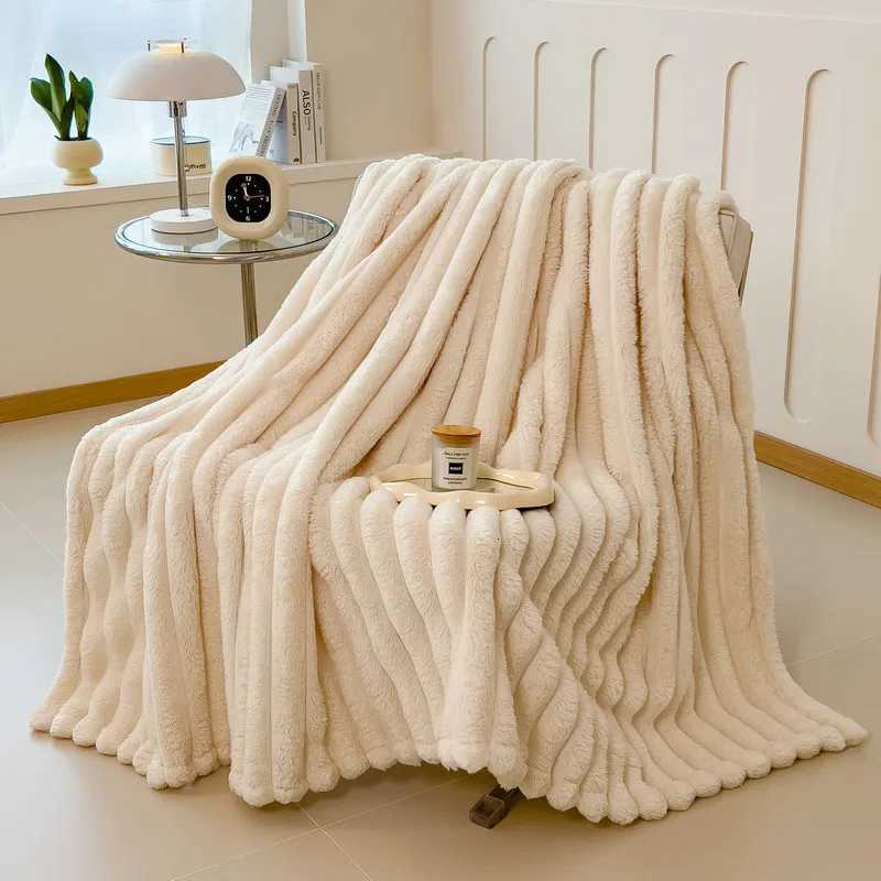 Faux Rabbit Velvet Solid Blanket Nordic Striped Nap Flannel Blankets for Office Multi-Functional Skin-Friendly Home Decoration H251216-image-1088601182