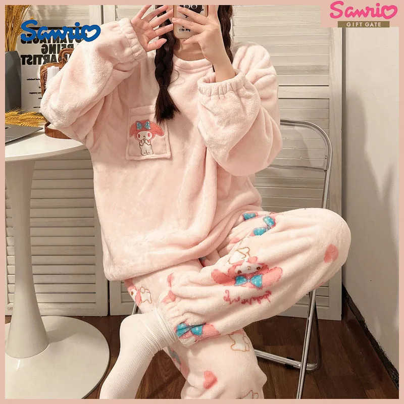 Sanrio New Anime Hello Kitty Pajamas Kawaii My Melody Flannel Pullover Coral Velvet Winter Warm Pajamas Suit Homewear Girl Gifts H251216-image-1088664177