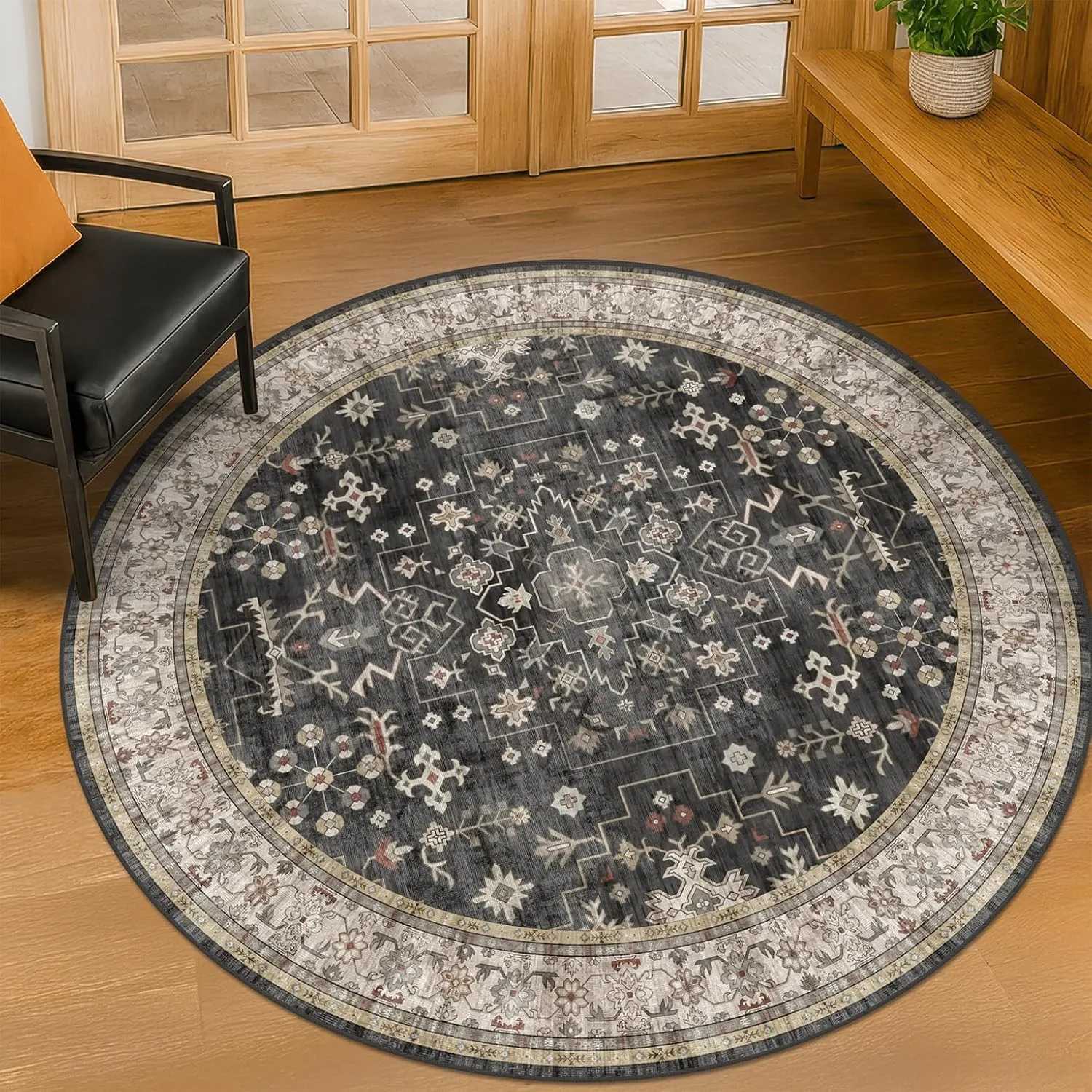 Boho Living Ro Circle Rug Washable Dark Vintage Non Slip Round Carpet for Bedro Farmhouse Circar Area Rug Indoor Dcor Y251216-image-1088696768