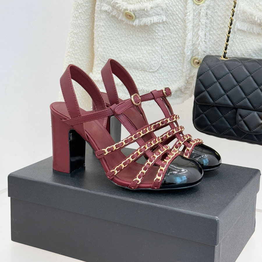 Top qualité nouvelle chaîne en cuir véritable talons épais sandales escarpins découpes chaussures de bureau à talons hauts bride à la cheville sa