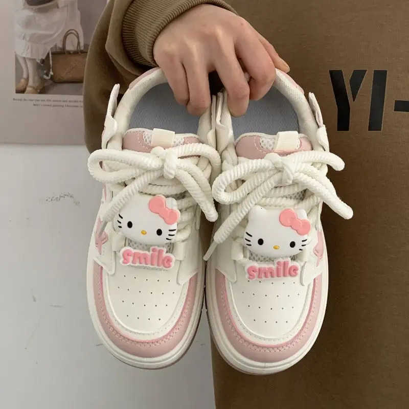Sanrio Kawaii Hello Kitty Shoes Pink Platform Sneakers Women Vintage Vulcanize Spring Autumn Casual Tennis Female Flats Footwear New H2512171
