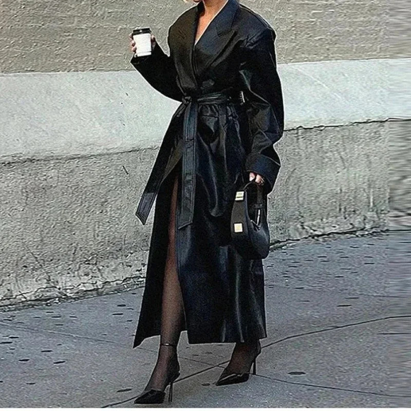 PU Leather Jacket Women Fashion with Belt Autumn Winter Loose Long Windbreaker Trench Vintage Pockets Coat Female Outerwear 251215