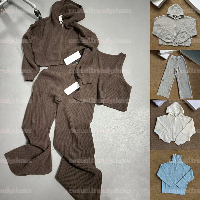 Yoga 4 Piece Waffle Knit Set Loose Short Vest Wide Leg Casual Pants Elastic Waist Loose Slim Knit Sports Long Pants Womens Zipper Hoodie Knit Jacket