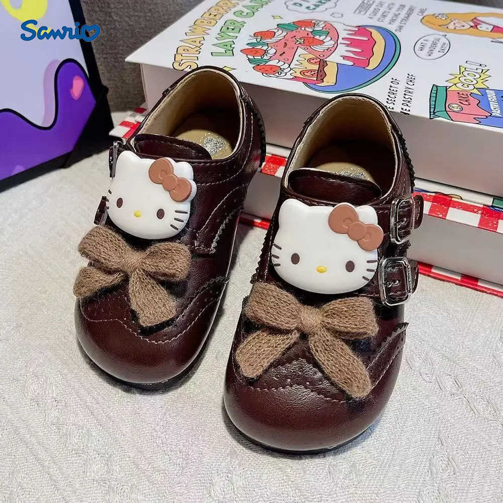 Sanrio image réelle 2025 nouveau confortable bonjour kitty Kuromi dessin animé arc mode filles enfants enfants chaussures plates en cuir décontra