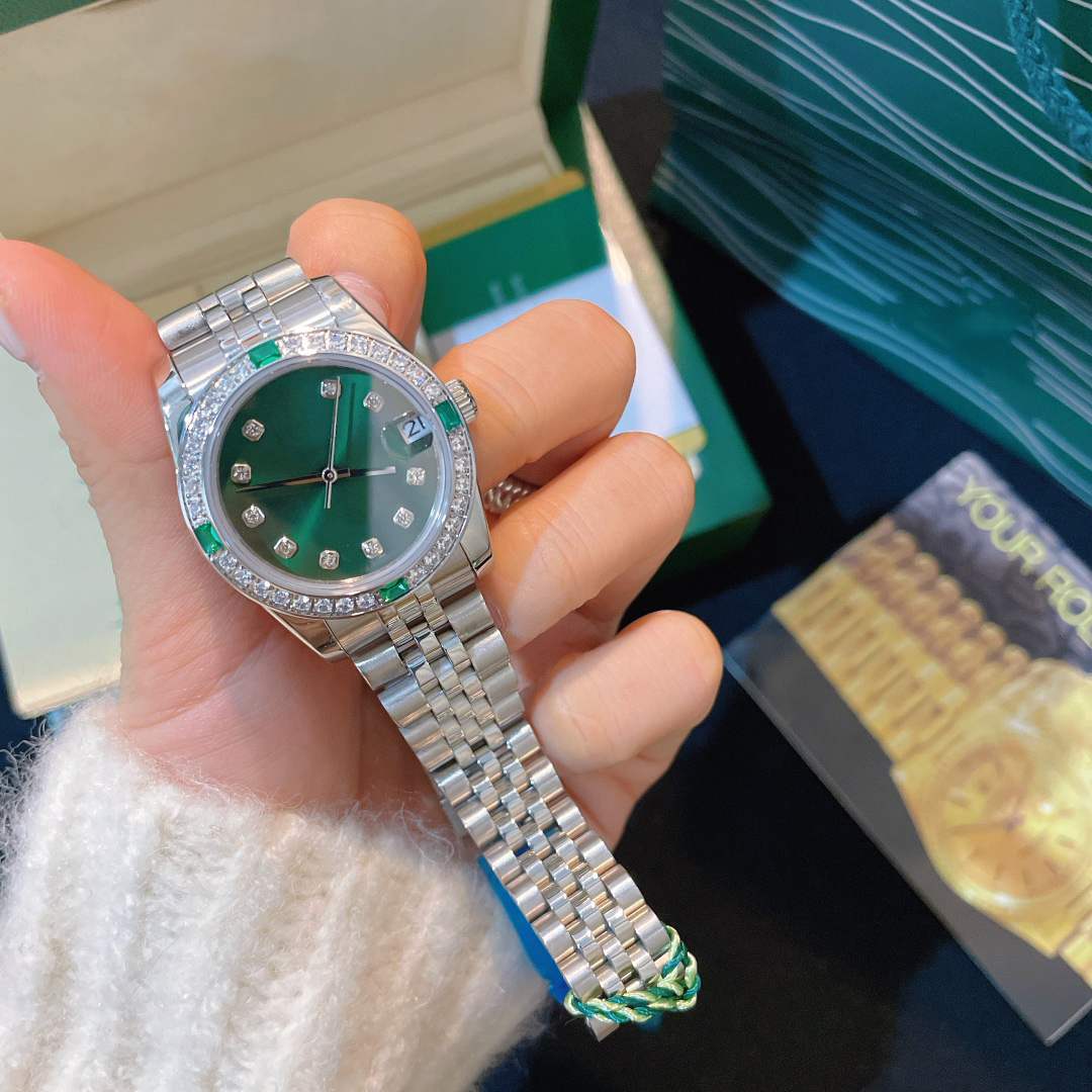 36MM Green Face Designer Womens Date Just Luxury Watch High Quality Silver Stainless Steel Jubilee Chain Waterproof Wrist Watch