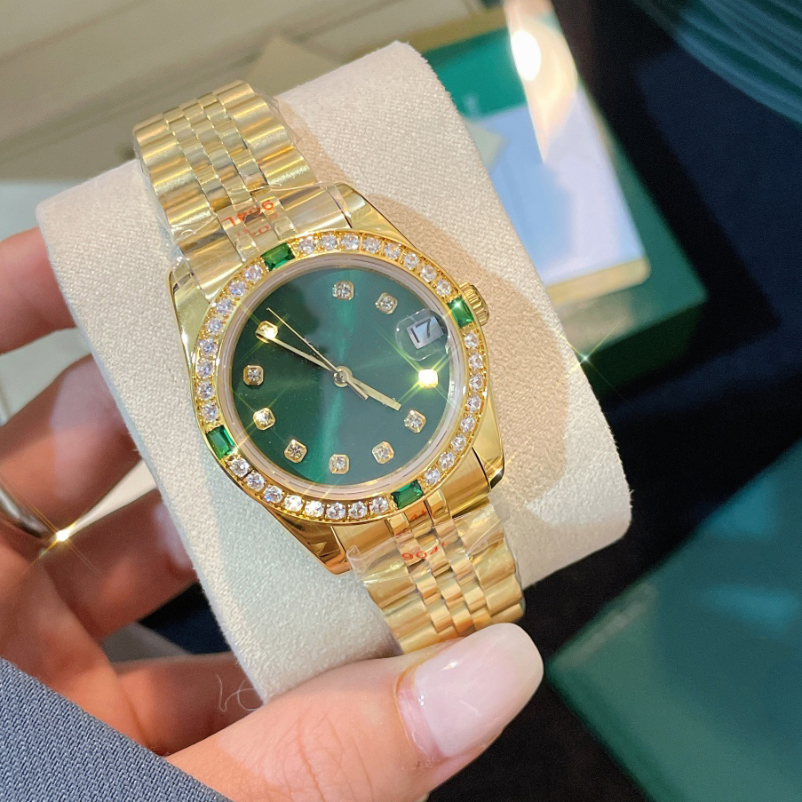 Montres de créateurs pour femmes à visage vert Date juste montre-bracelet de luxe pour femmes montre-bracelet en acier inoxydable doré avec brace