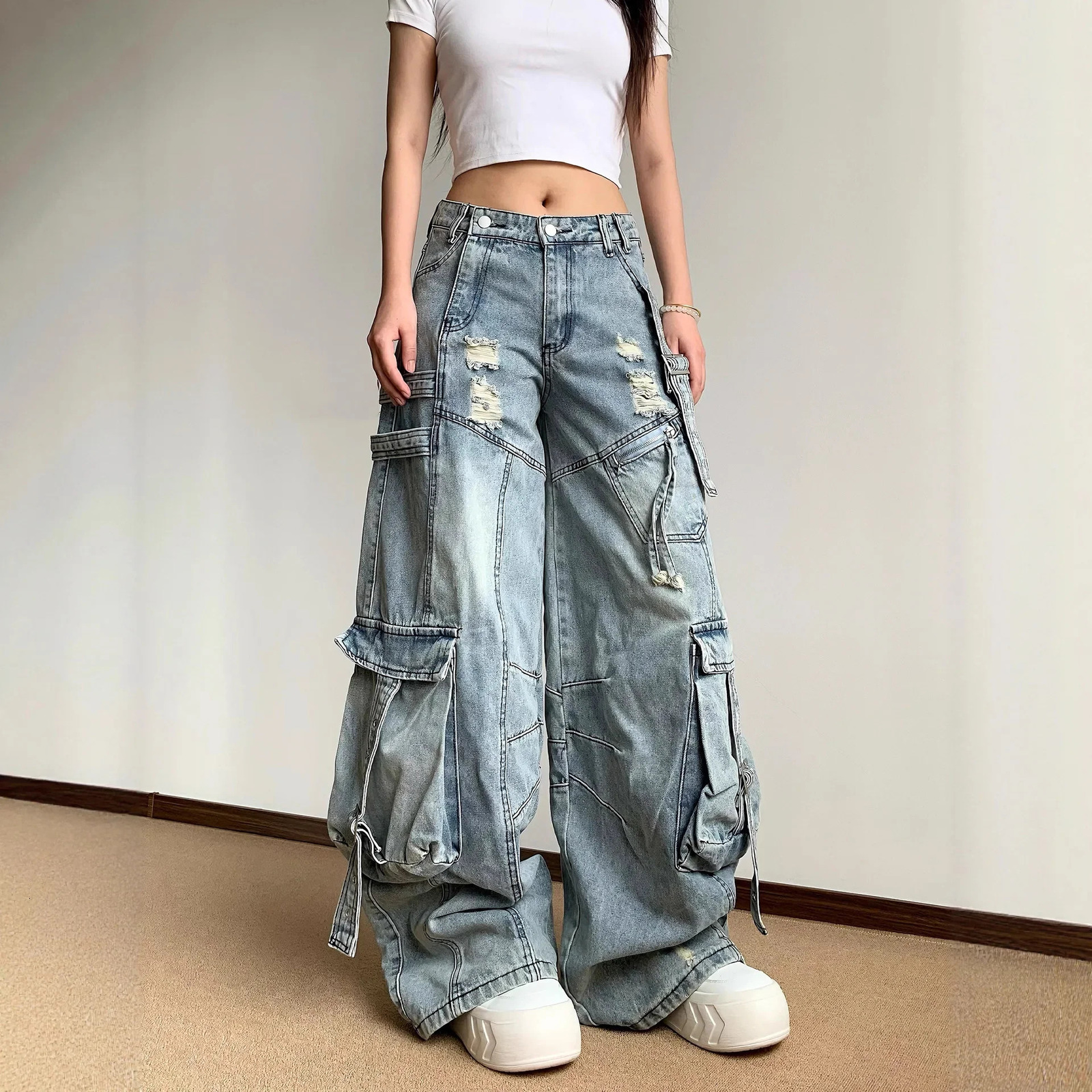 Summer Drapey Wide Leg Denim Jeans American Retro Decomposition Hole Knife n Loose Fit Trousers Female 251211