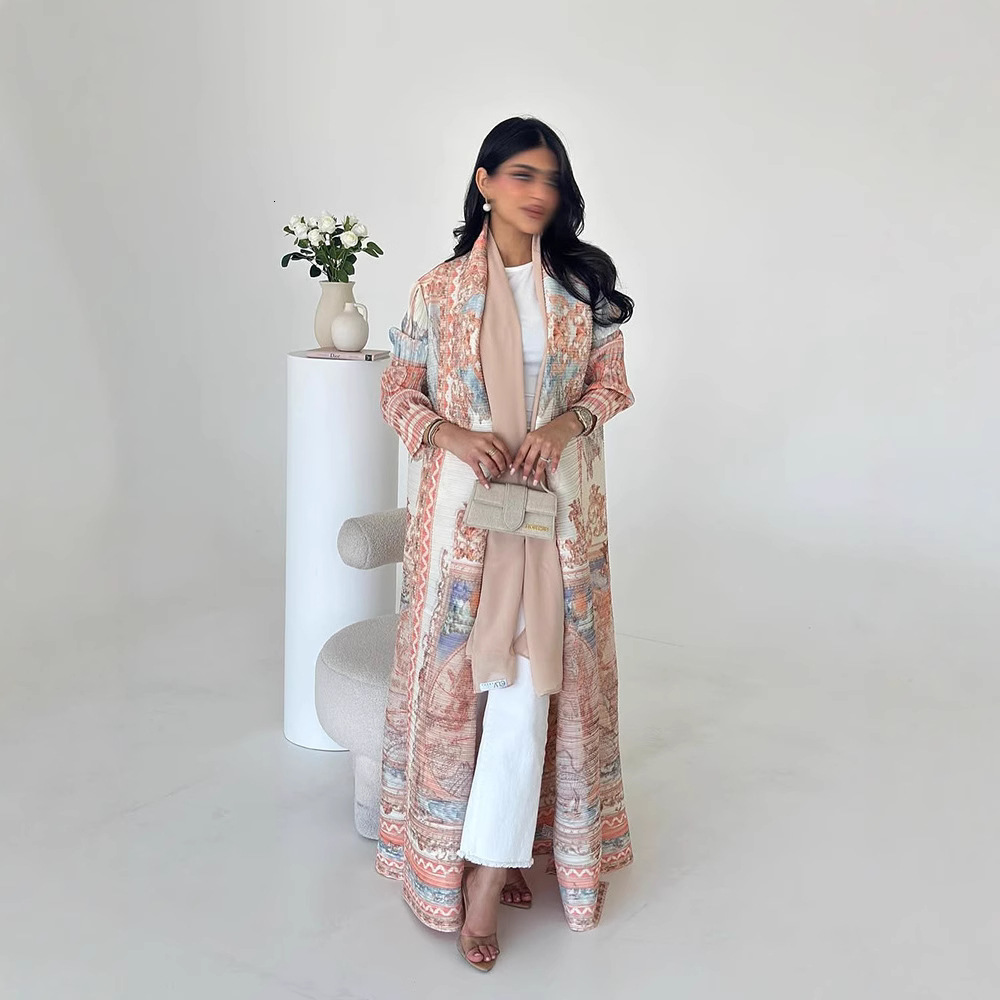 Plus Size Summer Coat for Women Long Robe Arabic Womens Clothing Pleated Printed Long Robe Trench Coat 241007Z
