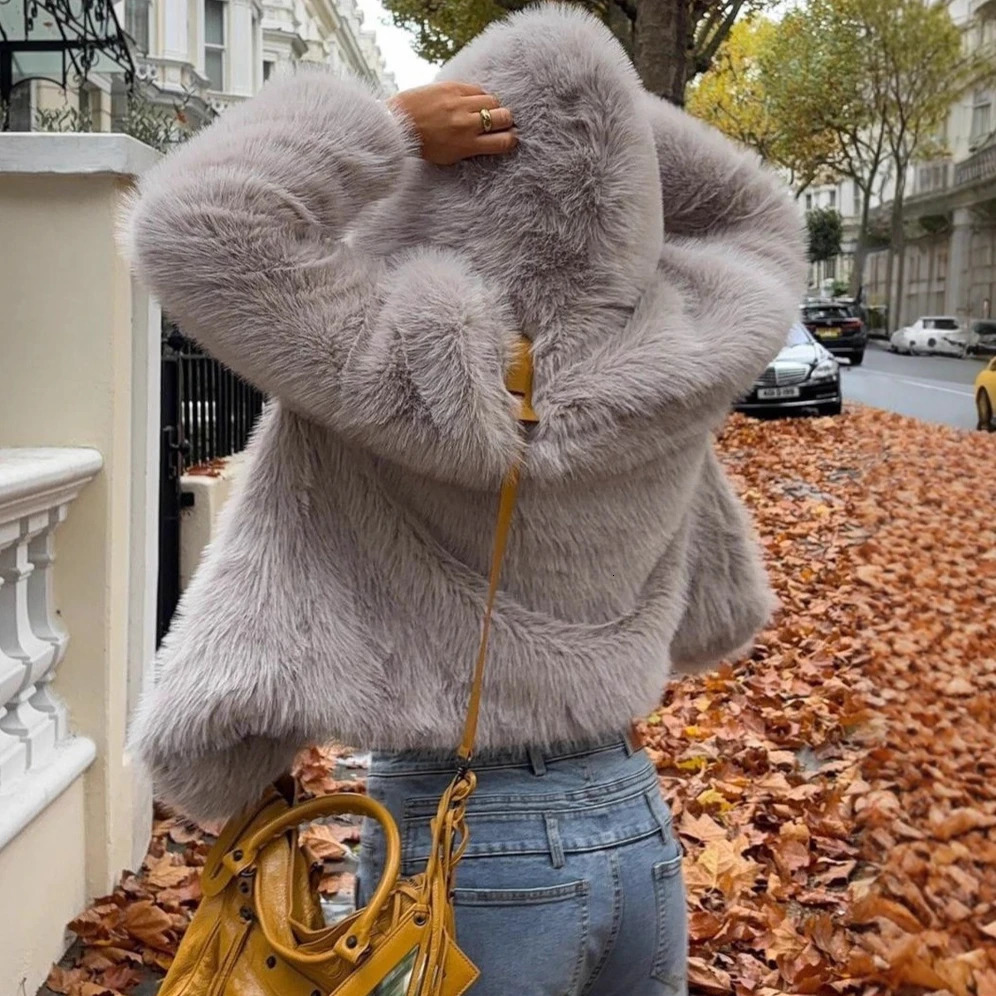 Women Faux Fox Fur Coats Solid Jackets Hooded Long Sleeve Open Stitch Thick Warm Fur Furry Outerwear Elegant Autumn Winter 251212BJ