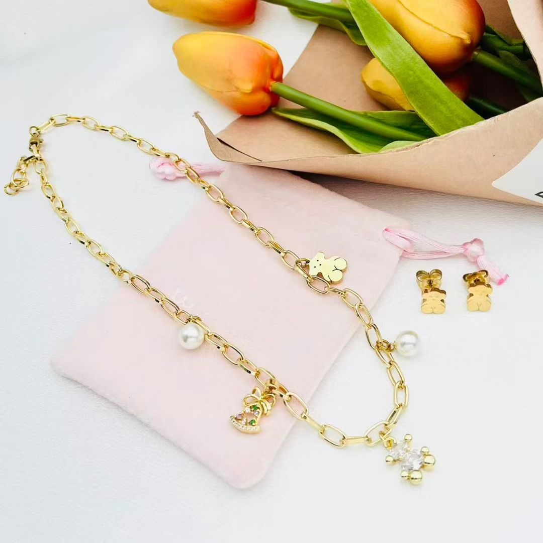 New Fashion Women Girls Silver Gold Stainless Steel Span Bear Cartoon Animal Black White Pink Purple Black Glass Heart Bracelet Pendant Earrings-image-1088727807