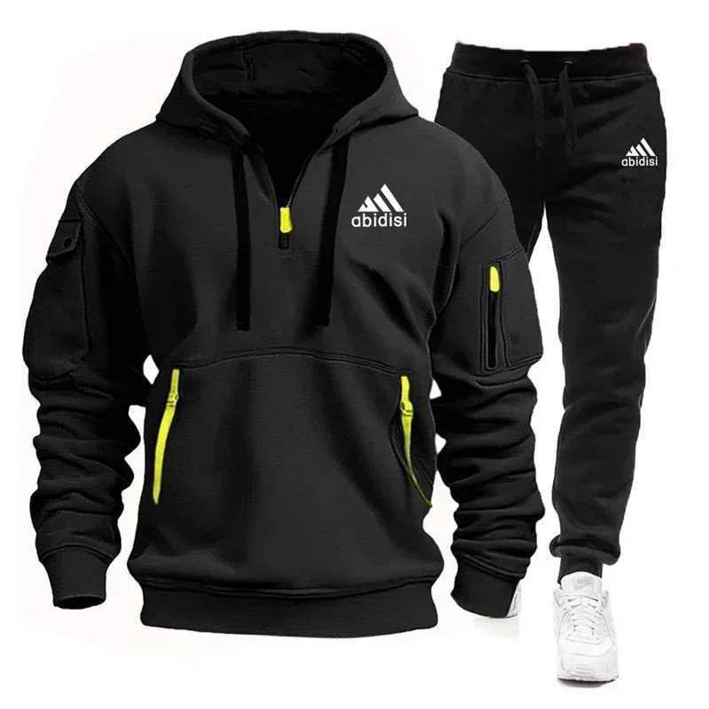 Mens 2025 New Sporty Casual Running Set Outdoor Hooded Sweatshirt Black Sport Pants Set for Fashionable Jogging T251217
