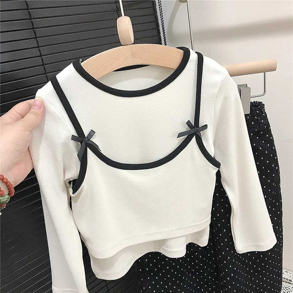 2025 Two T-shirts for Girls Spring Vacation Babys Korean Style Outfit Sweet and Stylish Bow Strap Long Sleeved Top C251218-image-1088918739