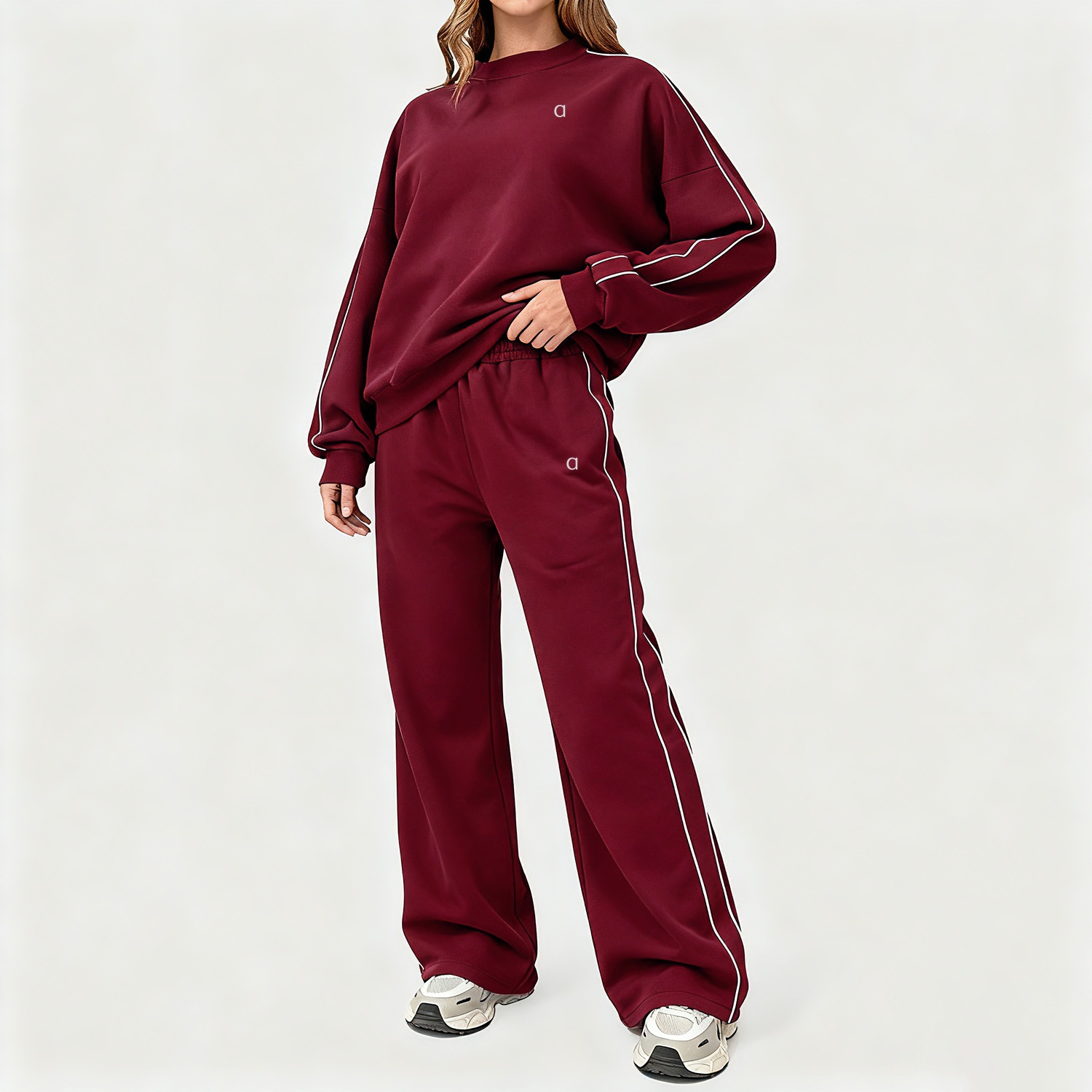 A1738 Ensemble sweat-shirt argenté 3D à la mode automne-hiver avec haut à ligne de blocage de couleur et pantalon taille haute, entraînements de