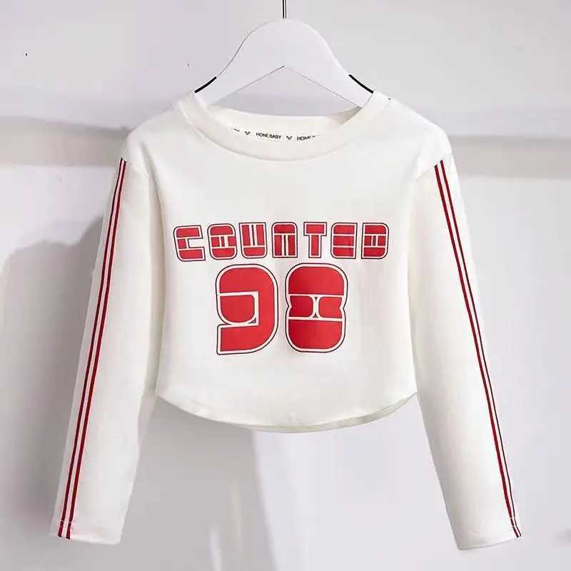 Girls Pure Cotton Short T-shirt 2023 Autumn New Girls Round Neck Long Sleeve Middle and Big Childrens Fashion Underlay Shirt C251218-image-1088918632