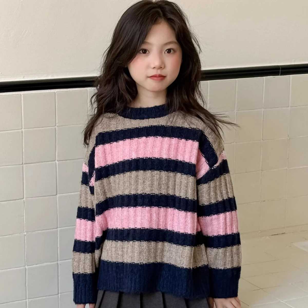 Girls Sweater 2025 Autumn and Winter New Childrens Clothing Korean Style Girl Baby Fashion Color Striped Sweater Casual Daily C251218-image-1088918557