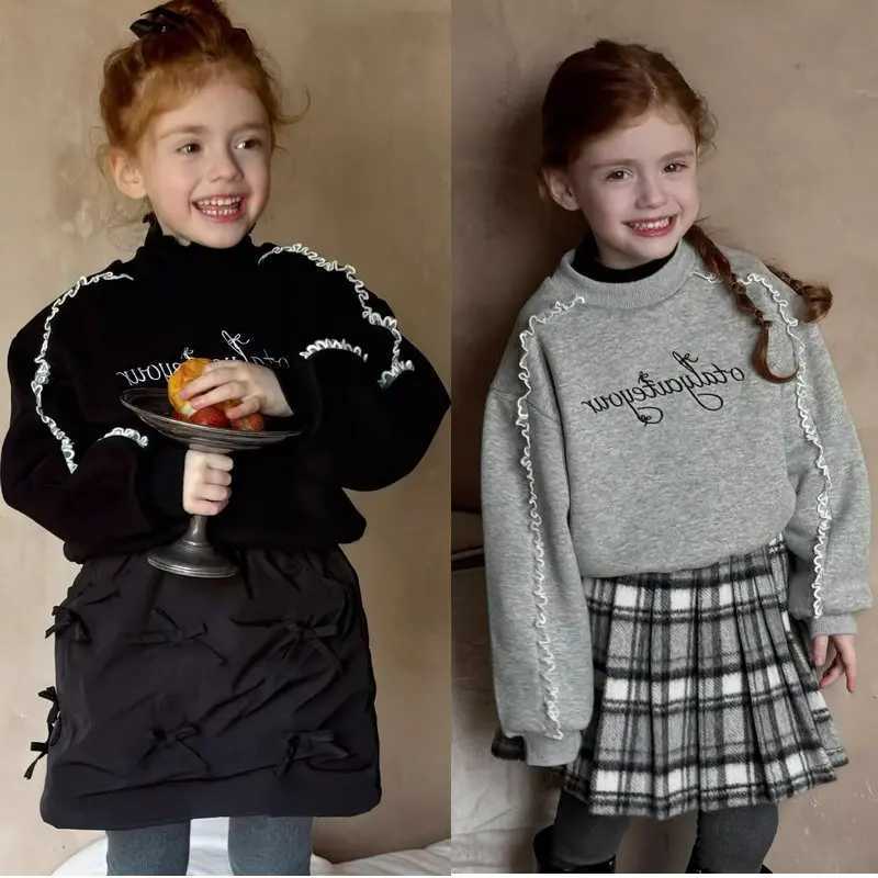 Girls Letter Print Hoodie - Ruffle Trim Fleece-Lined Top Thickened Autumn Winter Sweatshirt for Kids C251218-image-1088918341