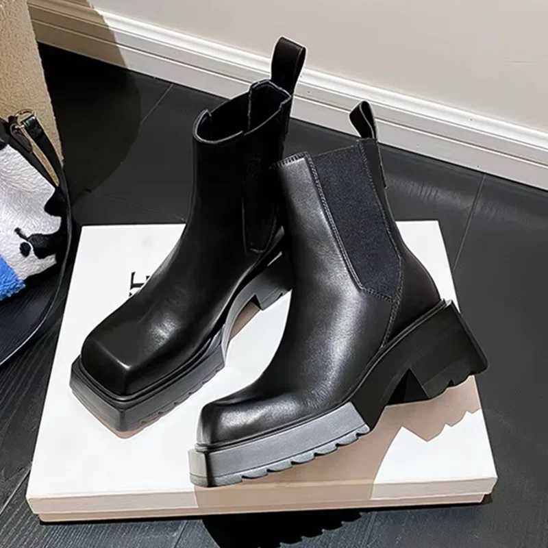 Bottines Chelsea en cuir noir pour femmes, chaussures de luxe à bout carré, épaisses et antidérapantes, confortables, à talons épais, à plateform