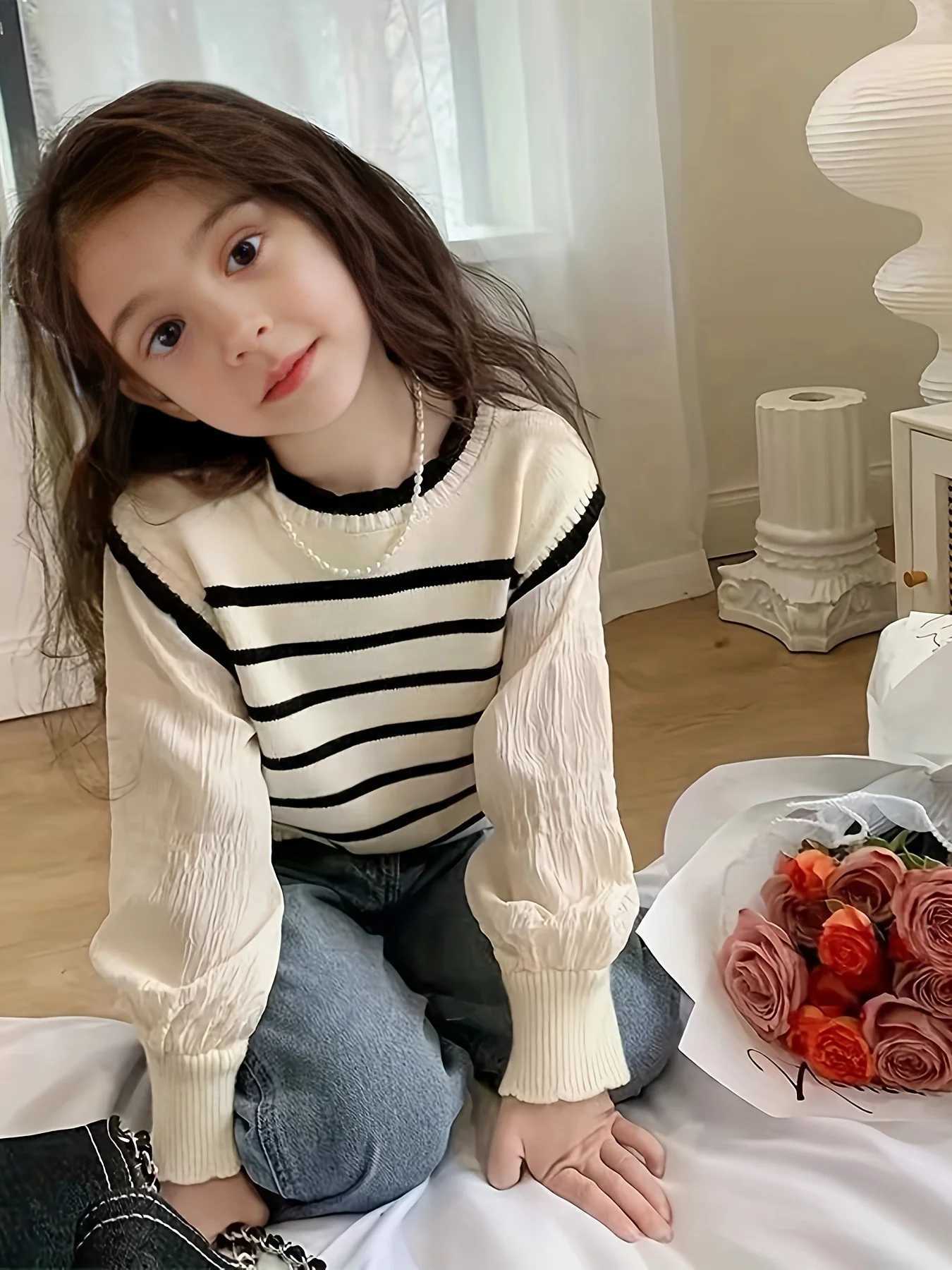 Girls Spring Clothing New Popular Knitted Sweaters Childrens Fake Two-Piece Chaoli Tops Western Style Princess Style Striped All-Match Clothes C2-image-1088917833