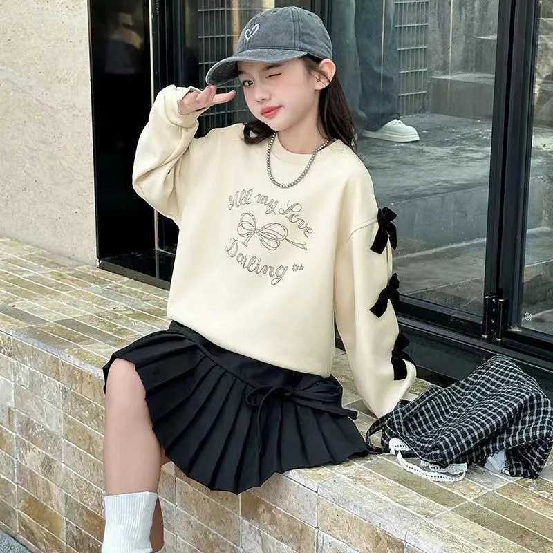 Girls 2025 New Spring/Autumn Long Sleeve Bowknot Loose Fit Stylish Korean Style Mid-Big Kids Sweatshirt C251218-image-1088918455