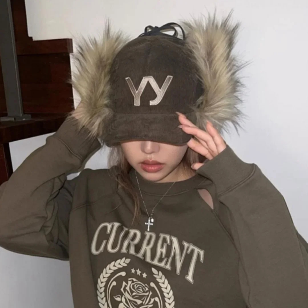 Winter Corduroy Baseball Caps For Women Men Fashion Warm Thick Furry Faux Fur Earflap Hats Retro Letter Embroidery Hat 251218