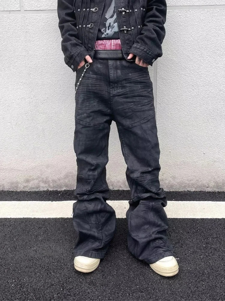 American Retro Y2K Streetwear Black Baggy Pleated Flared Jeans Pants For Men Clothing Gothic Rock Cotton Long Trousers 251212