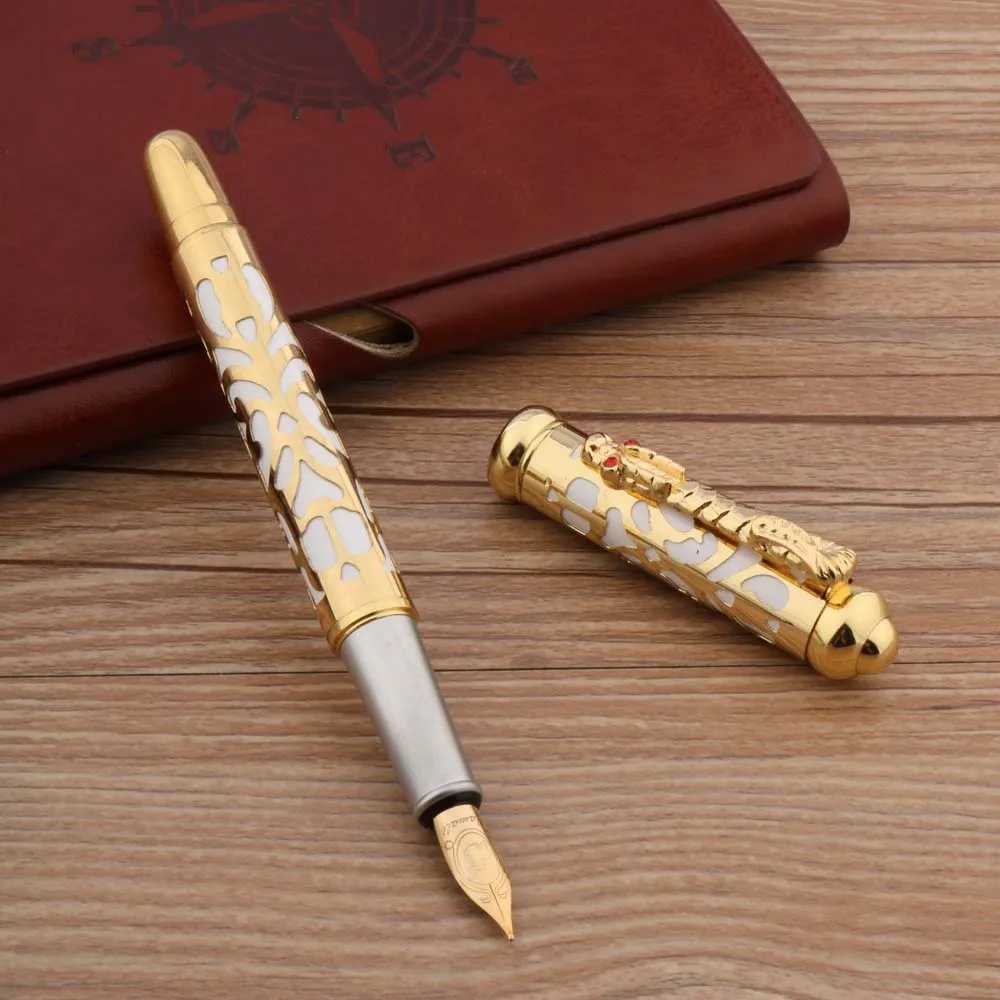 Luxury Metal 300 Fountain Pen White Golden Retro Hollow Out Faucet 26 Nib Stationery Off School Supplies Y251218-image-1088850495