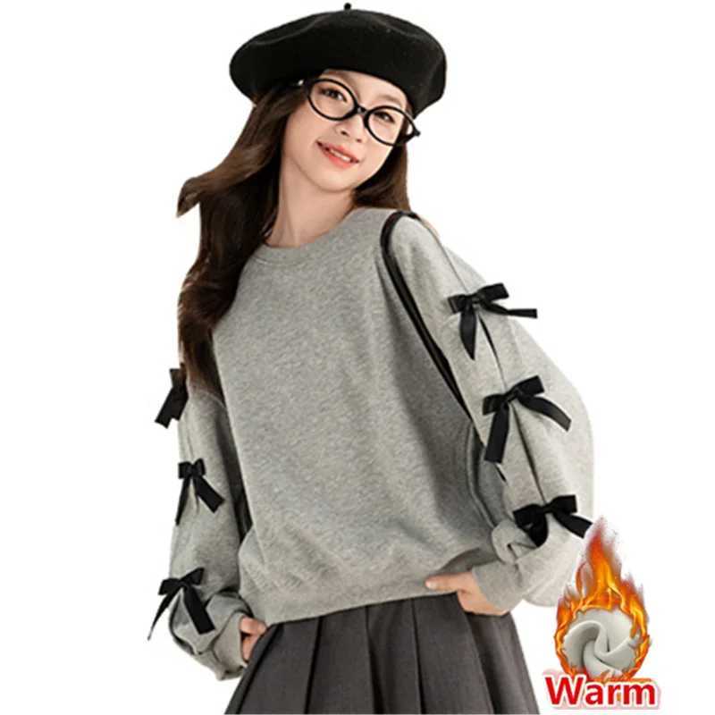 Fashion Princess Girl Thicken Thermal Sweatshirt with Bows For Child Casual Winter Clothes Teenage Kids Warm Insulate Sweatshirt C251218-image-1088918543