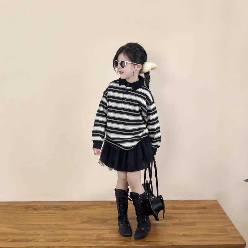Girls Set 2025 Autumn Spring Korean Style Fashion Long Sleeve Striped Short Mesh Skirt Two Piece Set C251218-image-1088918752
