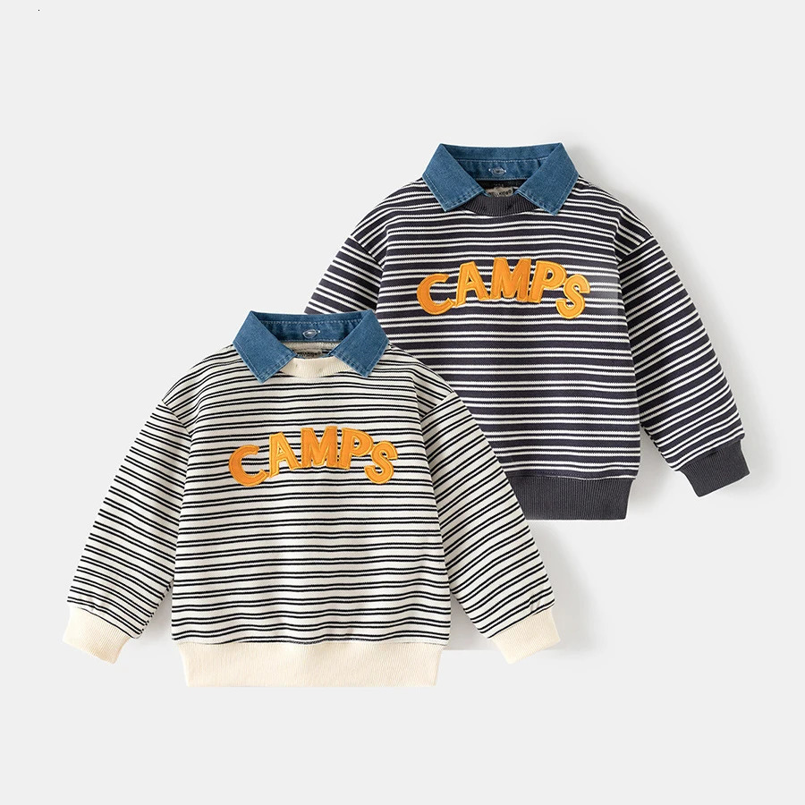 Girls pullover Hoodie Spring Autumn Children Clothes Boys Two Piece Sweatshirt With Detachable Denim Collar Striped Embroidery Casual Top Crew Neck