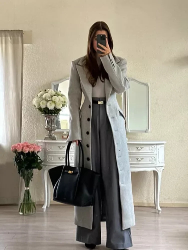 Womens Elegant Woolen Long Jacket With Belt Lapel Slim Waist A Line Overcoat 2025 Lady Autumn Winter Party Outwears 251216