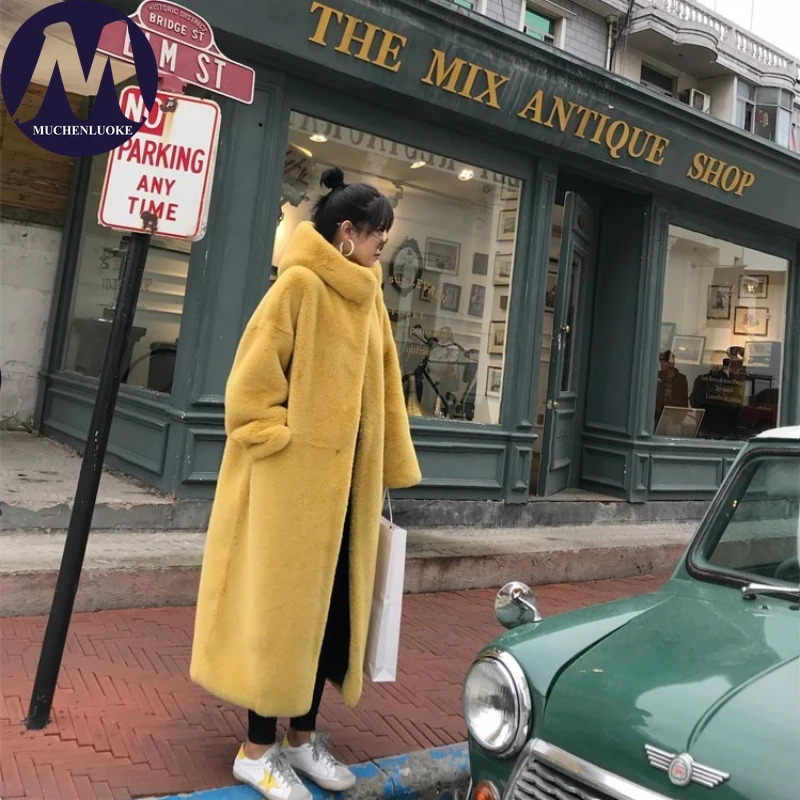 Elegant Womens Mid-Length Hooded Faux Fur Coat Loose Plush Thick Warm Casual Korean Fashion Autumn Winter 251212BJ