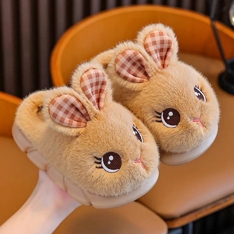 Cute Rabbit Plush Slippers for Kids Pink Fluffy Warm Indoor with Floral Ears AntiSlip Soft Home Shoes Girls Boys 251218