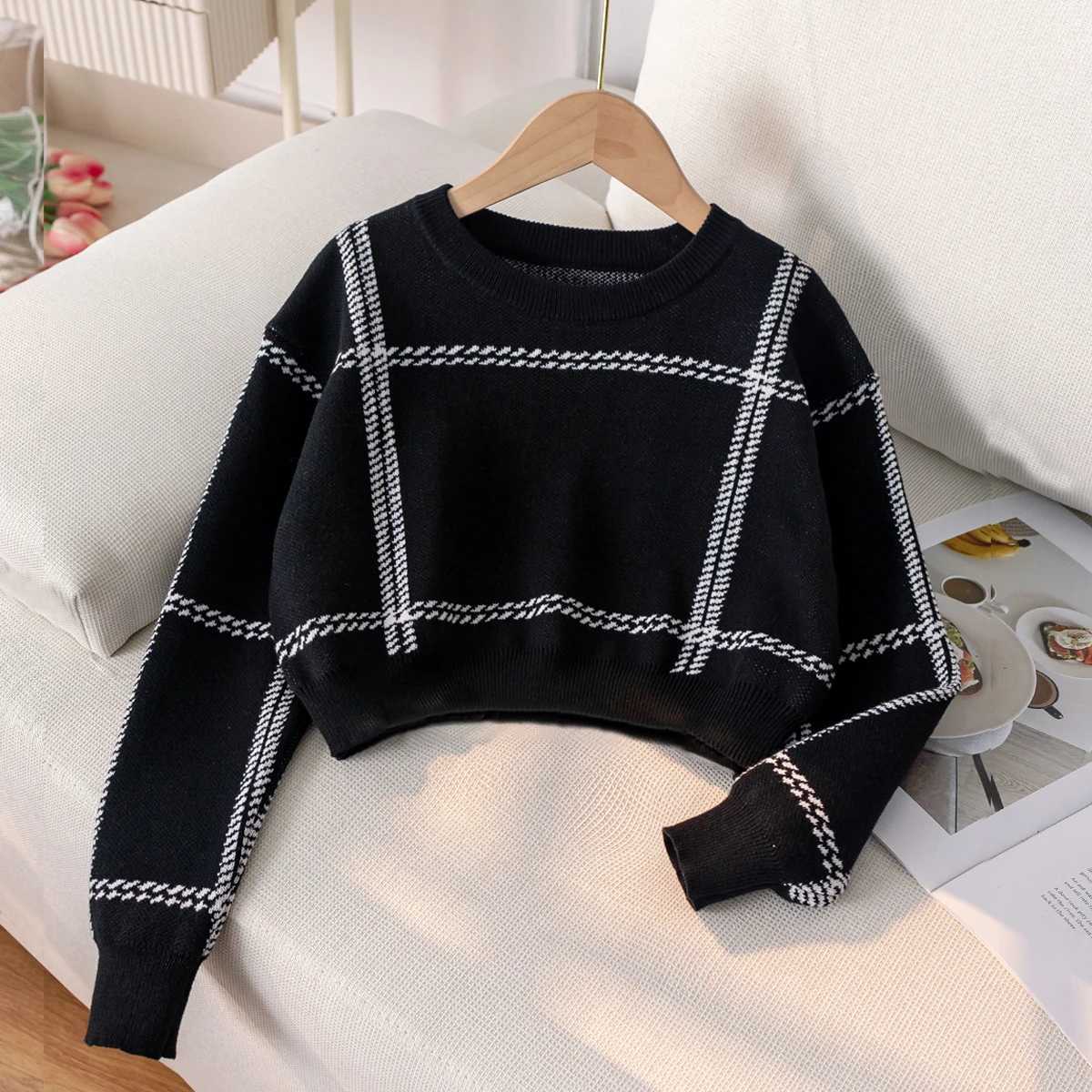 Girls simple checkered striped short sweater knitted pullover suitable for daily leisure in spring autumn and winter C251218-image-1088918431