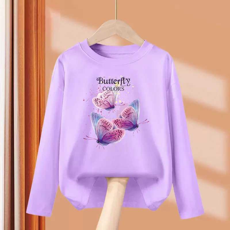 New Girls Autumn Clothes Butterfly Graphic T-shirt 3-14 Age Kid Long sleeved Cotton Tops Fashion Brand Tees C251218-image-1088917938
