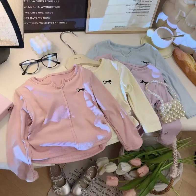 1-12Y Bow T-shirt Embroidered Girls Base Layer Fashionable Long Sleeved Simple Sweet and Cute Knitted Top for Girls C251218-image-1088918732