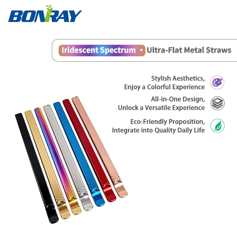 Professional 3 in 1 Flat Straw Stir Stick and Spoon for Barware Iced Coffee Bubble Tea Rainbow Metal Straw-image-1088830387