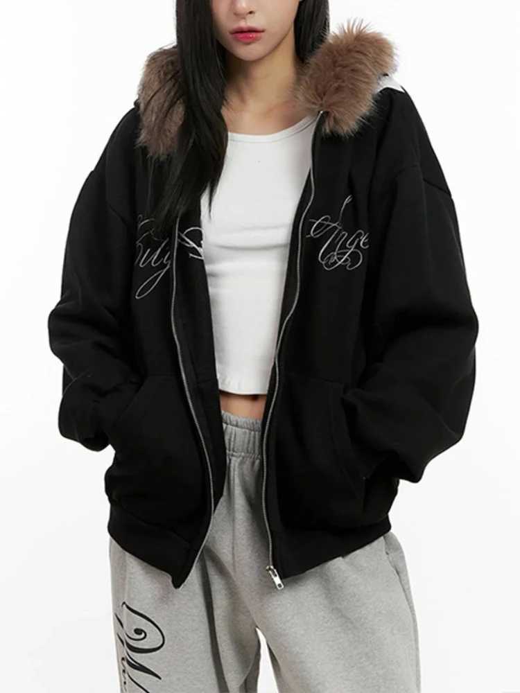style winter strt fashion trend wool collar printed letter zipper cardigan sweatshirt long slved hooded sweatshirt Y2K X251218