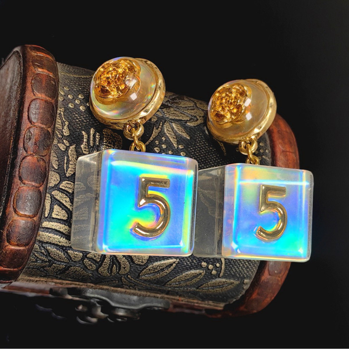 Rétro nouveau luxe Vintage 5 cubes transparents boucles d'oreilles en laiton plaqué or clous d'oreille broche bijoux de créateur Vintage