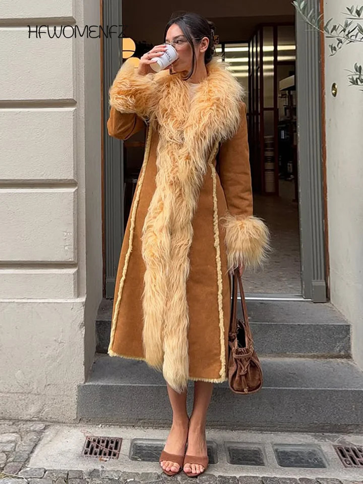 Casual Faux Fur Coats Women Street Full Sleeve Long Loose Patchwork Open Stitch Coat Female Fashion Winter Lady Outwears 251212BJ
