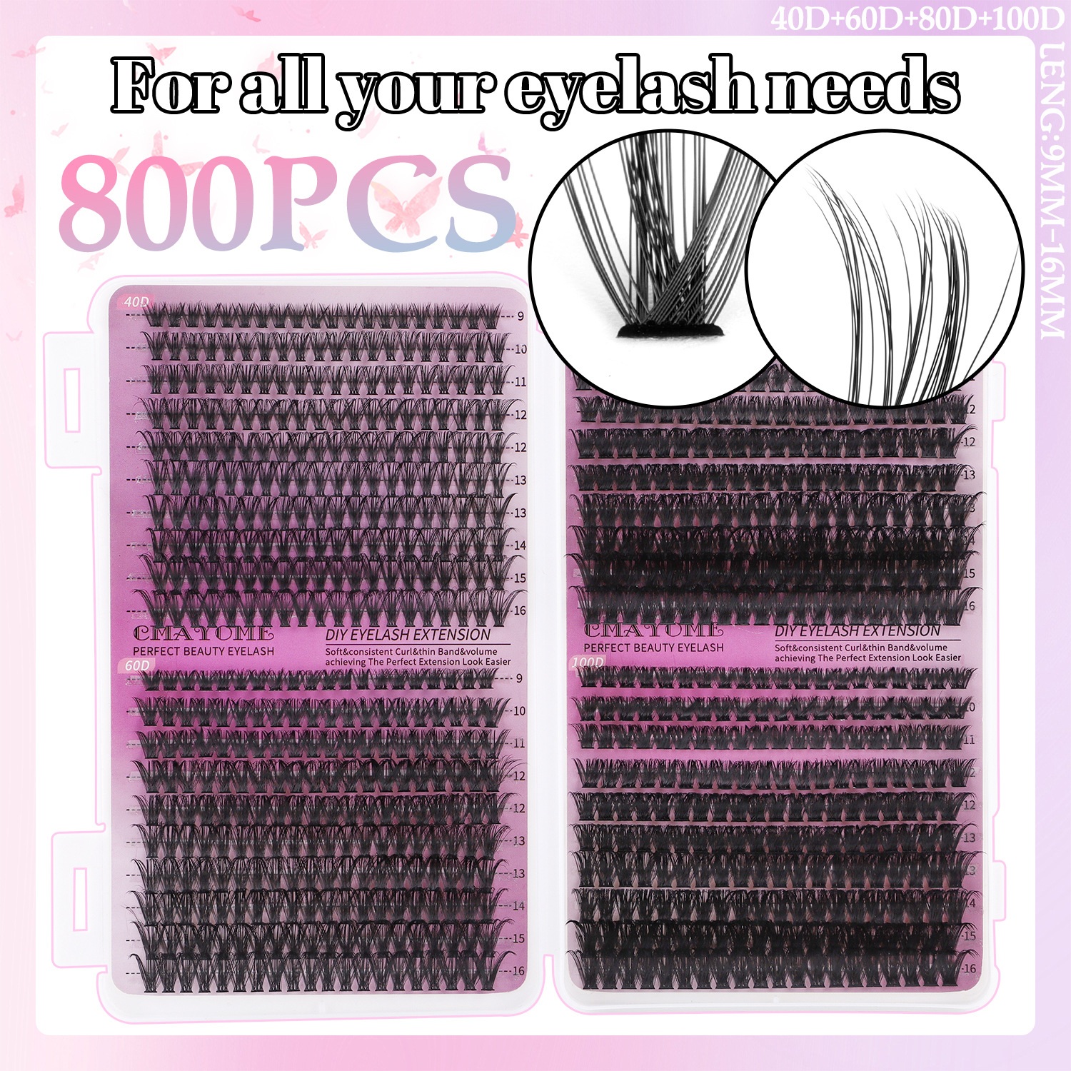 800Pcs DIY Cluster Lashes Kit Soft Lightweight Thick Fluffy DIY Segmented Eyelash Extensions Accessory Hand Made Reusable Naturally D Curled Indi-image-412050413