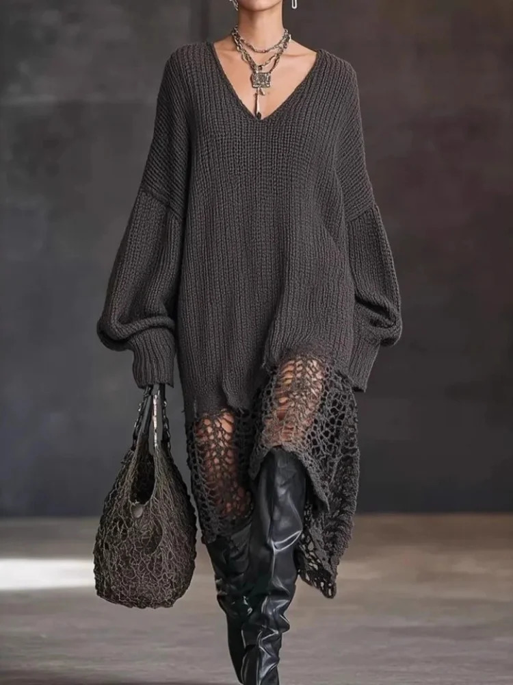 VNeck Knitted Dress Hollow Out Loose Fit Midi Skirt Asymmetrical Hemline Street Style Sexy Trendy Womens Fashion Vestido 251217