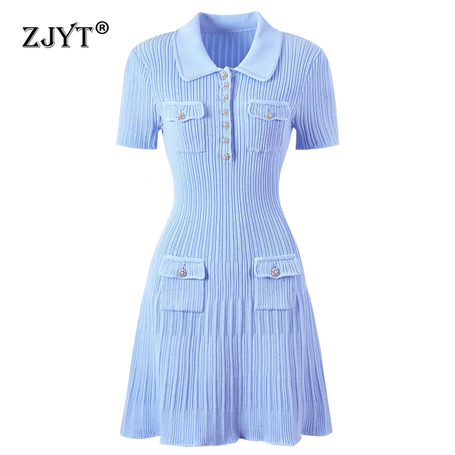 ZJYT Runway 2025 Womens Fashion Summer Knitted Sweater Dress TurnDown Collar Mini Party Blue White Vestidos 251217